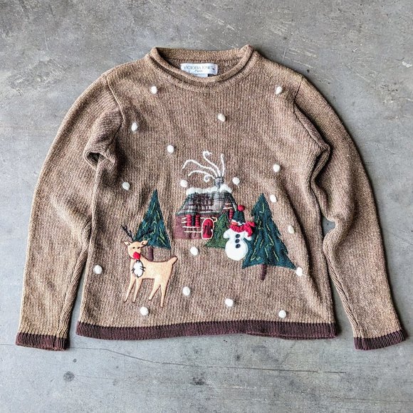 Vintage Victoria Jones Petite Brown Christmas Winter Snowman Reindeer Sweater - Picture 1 of 8